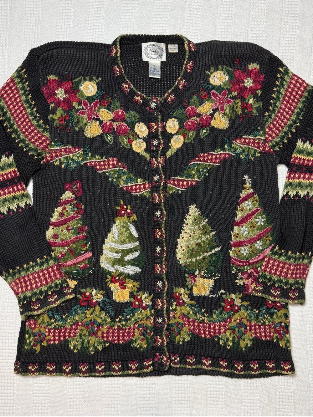 VTG Heirloom Collectibles Christmas Tree Cardigan Sweater Embroidered Black L